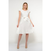 Kadın Omuz Detaylı Büzgülü Diz Boy Yazlık Elbise 3886/100 001