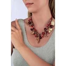 Meyve Görünümlü Taşlı & Gold Charmlı Bordo Kolye Altın