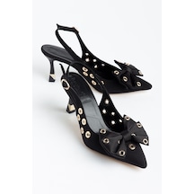 Kadın İnce Topuklu Stiletto Siyah Saten Fiyonklu-4689 Siyah