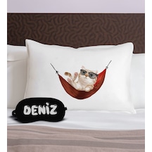 Bk Gift Kişiye Özel Eğlenceli Kedi Tasarrımlı Pamuklu Yastık Kılıfı Ve Göz Bandı Uyku Seti-1, Tasarım Ev Tekstili, Uyku Bandı, Ev Hediyesi