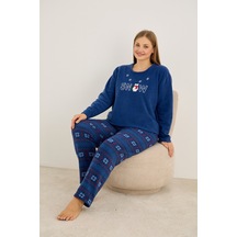 Siyah İnci Temalı Nakışlı Büyük Beden Polar Kışlık Örme Pijama Takım Lacivert