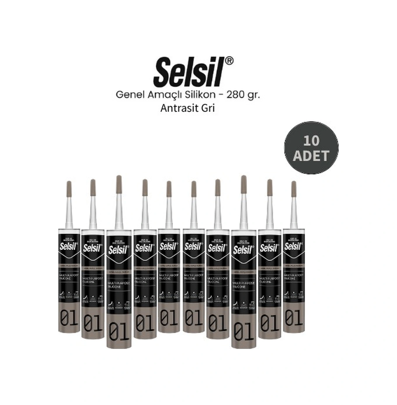 Selsil Genel Amaçlı Antrasit Gri Silikon 280 Gr. 10 Adet Antrasit Gri