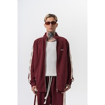 Erkek Respire Şerit Detaylı Dik Yaka Doubleface Zip Oversize Sweatshirt Bordo