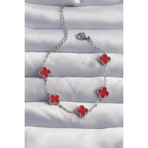 Ezoconcept 316l Çelik Baby Boy Gümüş Renk Kırmızı Mineli Yonca Bileklik 001