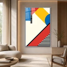 Kırmızı Mavi Sarı Bauhaus Blokları Gümüş Çerçeveli Cam Tablo