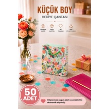 50 Adet 15.4 X 18.4 X 7.6 Cm - Pastel Yeşil Çiçekli Küçük Boy Karton Hediye Çantası 3+