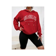 Magors Stıl-x Los Angeles Baskılı, %100 Pamuklu, Oversıze, Kapüşonlu Kadın Sweatshırt Kırmızı