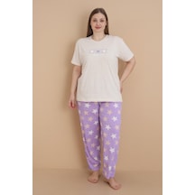 Wordex Mirano 4504 Yıldız Desenli Kısa Kollu Pamuklu Penye Büyük Beden Kadın Pijama Takımı Bej