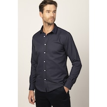 Tudors 26538 Modern Fit Uzun Kol Armürlü Kravatlık Erkek Gömlek Lacivert