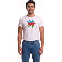 Westicgiyim Azerbaycan Bayrak Baskılı Unisex Tişört Pamuklu Bisiklet Yaka Beyaz