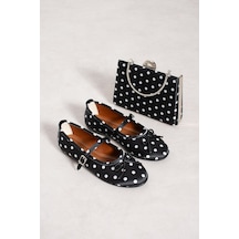Dabab Shoes Penelop Kadın Siyah Saten Puantiyeli Fiyonk Detaylı Tokalı Mary Jane Babet Ayakkabı Ve Zincirli Çanta Seti Siyah Kombin