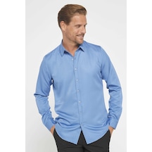 Tudors Slim Fit Uzun Kollu Kolay Ütü Teri Emen Nefes Alan Doku Kravatlık Dört Mevsim İndigo Erkek Gömlek-31592-ındıgo İndigo