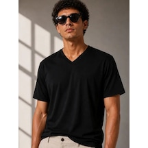 Efnaz Style Erkek V Yaka Basic Tişört Kısa Kol Yazlık Regular Fit T-shirt - Siyah
