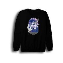 Love Yourself First - Kuş - Gökyüzü - Ay Baskılı Unisex %100 Pamuk Bisiklet Yaka Siyah Sweatshirt Siyah
