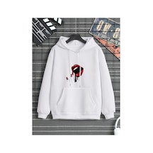 Tarzsokak Lip Print Kangaroo Pocket Drawstring Hoodie Beyaz