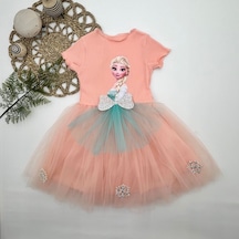 5-6-7 Yaş Elsa Desenli Fiyonklu Tül Etekli Astarlı Kısa Kollu Kız Çocuk Tütü Elbise 001
