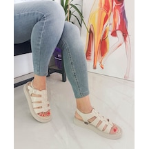 Bej Renk Kafes Model Padli Taban Kadın Sandalet 001