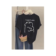 Herkesemoda I Don Care Ayıcık Baskı Detaylı Basic T-shirt Siyah