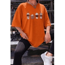 Coffee Lover Baskılı Unisex Oversize T-shirt - Büyük Beden Seçenekli Turuncu