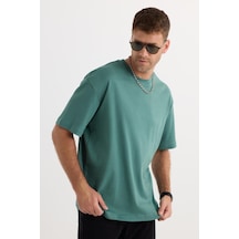 Tudors Unisex Oversize Geniş Kesim %100 Pamuk Yumuşak Dokulu Basic Bisiklet Yaka Yeşil Tişört-35179 Çağla