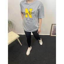 Kadın Bisiklet Yaka Oversize Fit N Baskılı Tişort Spr24tsk113 Gri