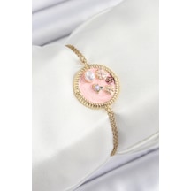 316l Çelik Zincir Pembe Mineli Sanatsal Portre İnci Detaylı Çiçek Model Gold Renk Kadın Bileklik Çok Renkli