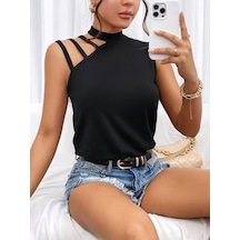 Efnaz Style Kadın Omuzdan Şerit Detaylı Yarı Balıkçı Yaka Viskon Bluz siyah