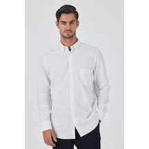 İmza Uzun Kol Çizgili Desen Düğmeli Yaka Cepli Classic Comfort Fit Gömlek 1004250189 Beyaz