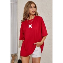 Unisex X Baskılı T-shirt Kırmızı