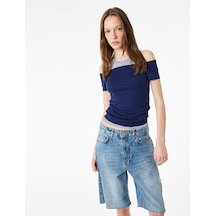 Koton Slim Fit Atlet Detaylı Kısa Kollu Viskon Karışımlı Omzu Açık Tişört Lacivert 6sal10744ık