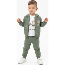 Toontoy Kids Toontoy Erkek Çocuk 3'lü Eşofman Takımı Uzun Kollu Bisiklet Yaka Nakışlı T-shirt - Kapüşonlu Fermuarlı Hırka- Beli Paçası Lastikli Eşofman Altı 25045 Yeşil