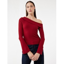 Koton Pamuklu Slim Fit Uzun İspanyol Kollu Omzu Açık Tişört Bordo 6wak50039ek Bordo