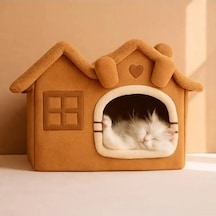 Peluş Kedi Evi, Minderli, Katlanabilir, Camel Renk