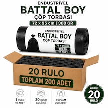 Endüstriyel Battal Boy Çöp Torbası 72x95 Cm 300 Gr - 20 Rulo X 10 Adet Toplam 200 Adet Kalın Ve Dayanıklı Siyah Çöp Poşeti