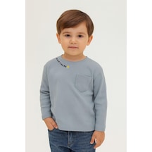 Luess Unisex Çocuk Happiness Nakışlı Cepli Fitilli Kaşkorse Tişört Açık Mavi