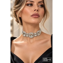 Kadın Gümüş Renkli Büyük Kristal Taşlı Geometrik Tasarım Şık Choker Kolye Abiye Ve Davet Takısı Gümüş - 934808496 Gümüş