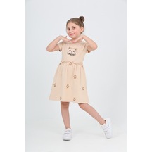 Toontoy Kids Toontoy Kız Çocuk Kedi Baskılı Elbise Bej