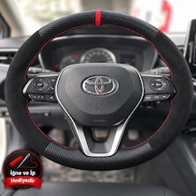 Toyota Yaris Cross Dikme Direksiyon Kılıfı Alcantara Süet Mat Karbon Kırmızı Yüzük Ve Dikiş 2020-2026 Siyah