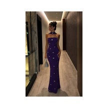 DefyModa Kadın Trend Model Simli Kumaş Dik Yaka Taş Detaylı Abiye Elbise Mor