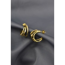 925 Ayar Gümüş Gold Kaplama Tasarım Zirkon Taşlı, Üç Sıra Halka Tektaş Küpe UVPTS300425