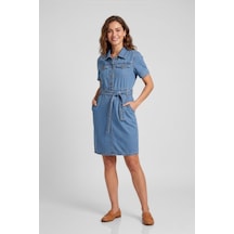 Blue White Banny Jeans Kemer Detaylı Jean Elbise Açık Deniz Mavisi