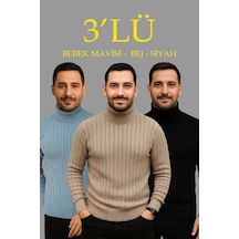 Erkek Fitilli Kazak Tam Boğazlı Balıkçı Yaka Triko 3'lü Set Bebek Mavisi-bej-siyah Çok Renkli