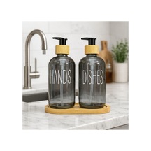 Buççin Online Mağaza 2 Li Cam Sıvı Sabunluk Seti Ahşap Standlı Mutfak&banyo İçin Şık Dispenser Hands & Dishes Cam Siya Çok Renkli