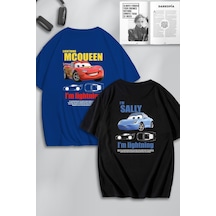 Unisex Kadın Erkek Şimşek Mcqueen & Sally Sırt Baskılı Sevgili Çift Kombini Tasarım Oversize Tshirt Mavi Siyah Mck0484 Çok Renkli