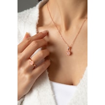 Kadın Rose Kaplama Beyaz Taşlı Lotus Çiçeği Kolye Yüzük  Set Rose Gold