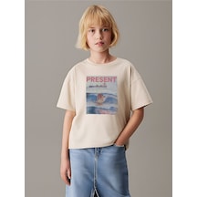 Uyguntarz Çocuk Yazılı Kalp Baskılı Pamuklu Tshirt Bej