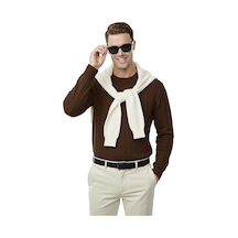 Deepsea Kahve Dar Kesim Likralı Erkek Triko Kazak Bisiklet Yaka Şık Tasarım 2605433 Kahve