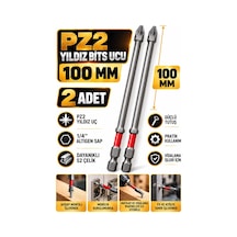 Pz2 Yıldız Uzun Bits Uç 100 Mm 2 Adet S2 Çelik 1/4 İnç Altıgen Şaftlı Tornavida Vidalama Ucu