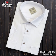 Linen Keten Klasik Kısa Kollu İki Cepli Kapaklı Beyaz Baba Gömleği Regular Kalıp -10251 Beyaz