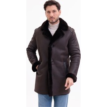 M M Marki Marki Hakiki Deri Erkek Kaban Kahverengi İçi Kürklü Düğmeli Premium 85 Cm - 500522